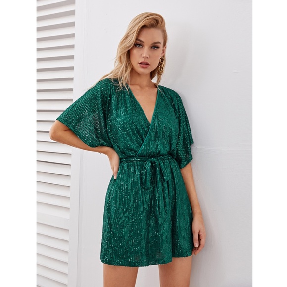 Rouge! Dresses & Skirts - All Over Sequin Green V-Neck Belted Mini Dress